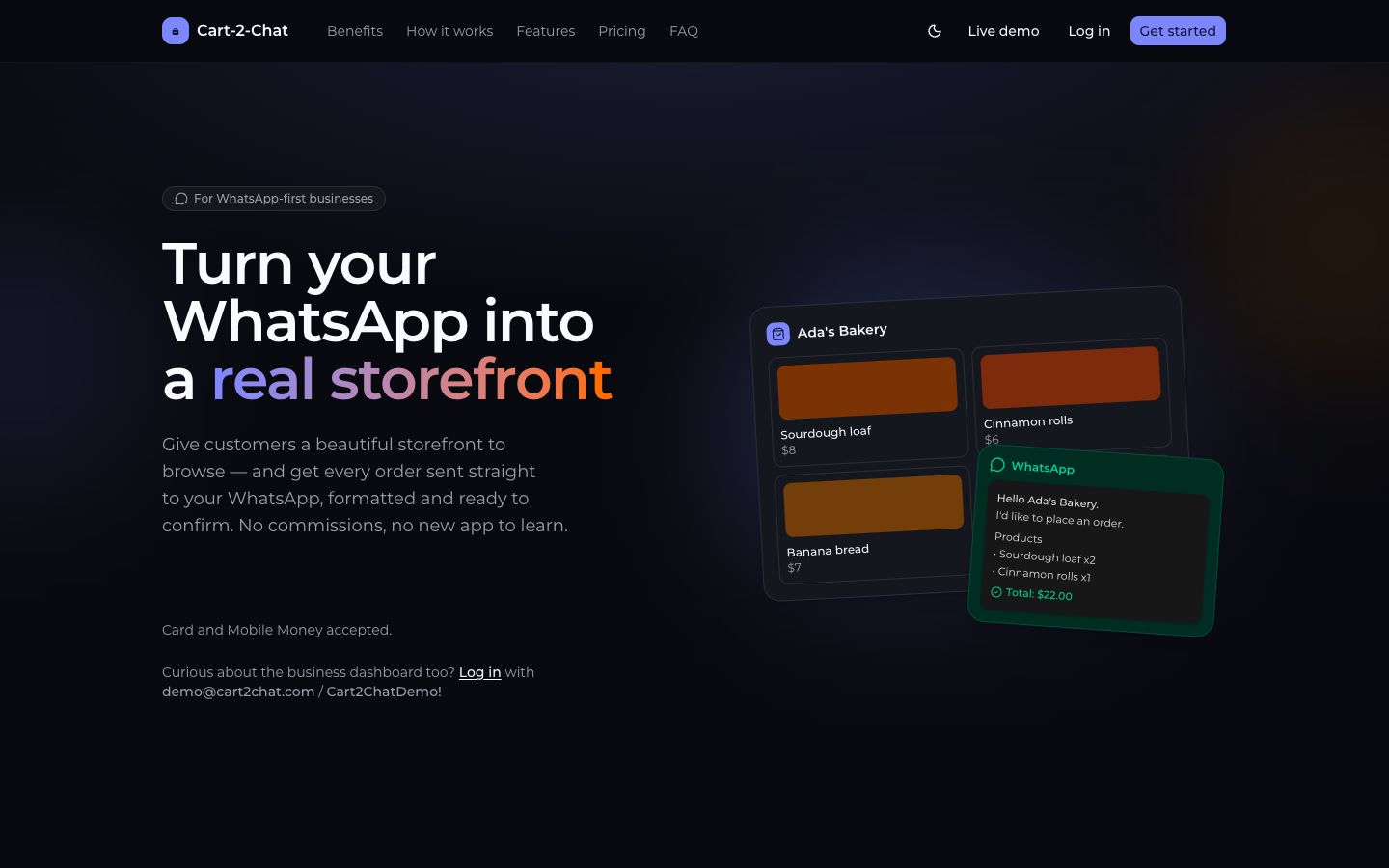 Cart-2-Chat home page