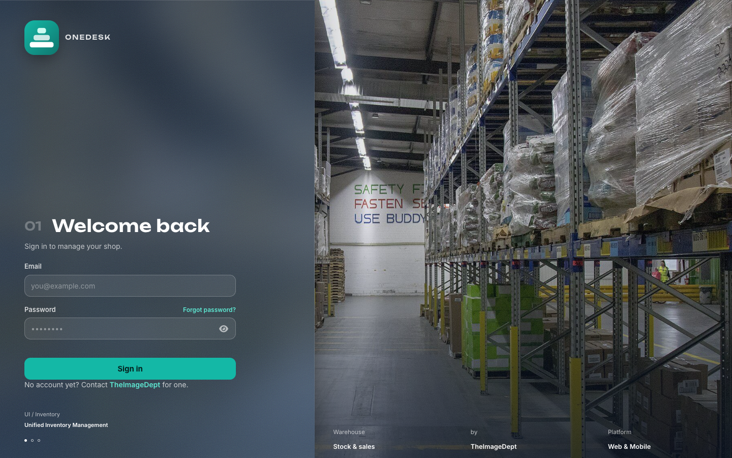 OneDesk sign-in screen over a warehouse photo